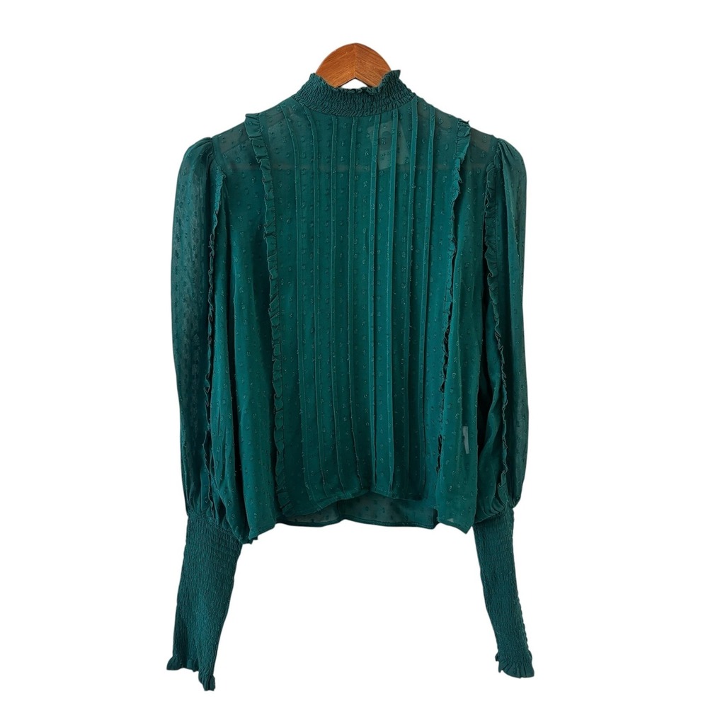 Farm Rio Swiss Dot Mock Neck Blouse Top Womens XS Green Sheer Ruffle Puff Sleeve